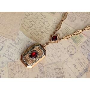 Vintage 1928 Jewelry Red Rhinestone Rectangular Photo Locket Necklace Pendant